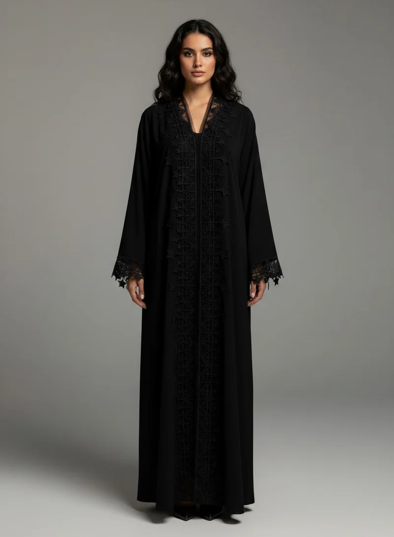 Black Abaya with Star Lace - Soft  Fabric Modest Kimonoh With Matching Headscarf